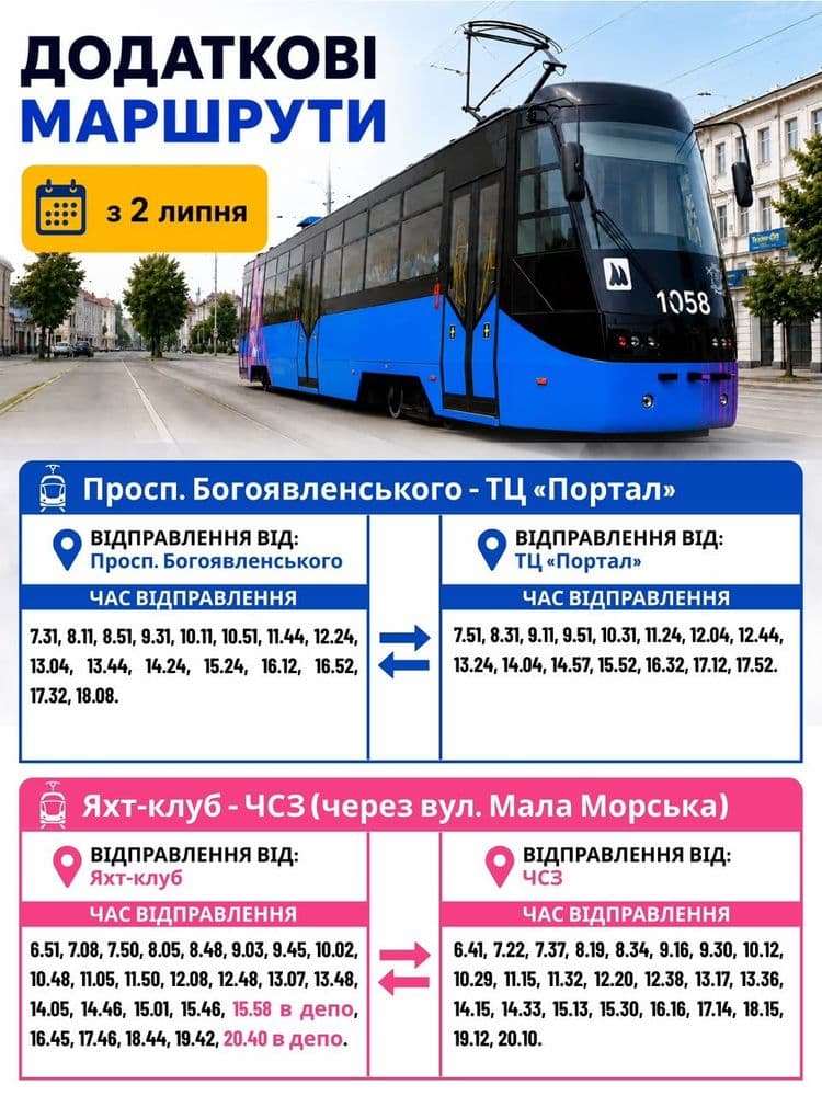 Реагуємо на прохання мешканців міста та з 2 липня запроваджуємо два додаткові трамвайні маршрути у зв'язку з тимчасовими змінами в роботі трамвайного маршруту №1.