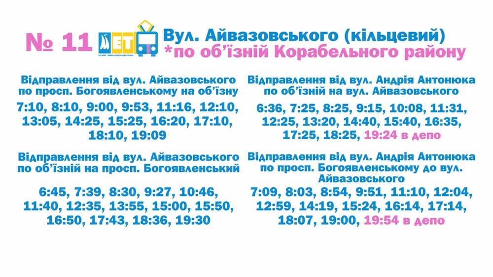 З 27 серпня тролейбус за маршрутом №11 (вул. Айвазовського — кільцевий по об'їзній дорозі) працюватиме за новим графіком
